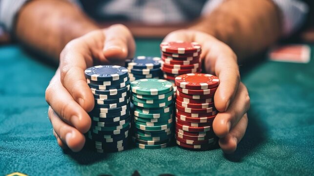 Close-up of a player's hands gently protecting a stack of poker chips on a green felt table