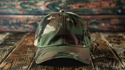 Camouflage cap used by armies on wooden table background with copy space