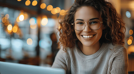 Obraz premium Happy young woman working on laptop in cafe with curly hair and glasses