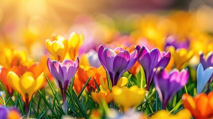 Close up of colorful crocus flowers in spring bloom