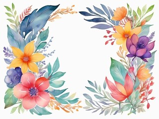 Watercolor abstract floral frame, border of colorful flowers on white background with copy space for text in the middle