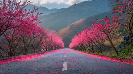 A road with pink cherry blossom trees on both sides.