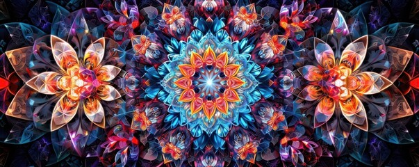 Geometric mandala, central symmetry, multicolored, fractal design, surrealistic touch