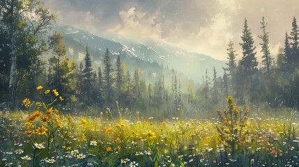 A field of flowers with a cloudy sky in the background. The sky is filled with clouds, and the sun is shining through them. The field is full of flowers, and the atmosphere is peaceful and serene