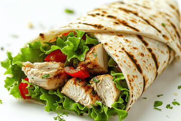 Healthy Grilled Chicken Salad Wrap with Lettuce and Tomatoes on White Background