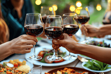 Obraz premium Multiracial Friends Toasting Red Wine at Summer Rooftop BBQ Dinner Party in Garden