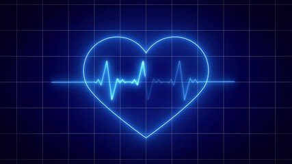 Neon heartbeat with grid isolated background. 4k seamless loop animation. Background heartbeat line neon light heart rate display screen medical research