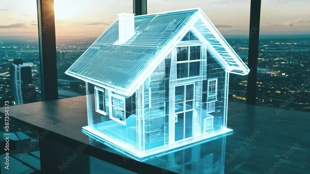 Aufkleber a translucent, glass house model sits on a table in front of a panoramic cityscape, lit from within 