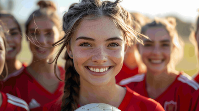 Smiling teenage girls soccer team in red uniforms outdoor holding ball school field sport activity fitness competition