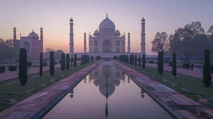 Obraz premium Grand view of the Taj Mahal at dawn, its marble facade reflecting in the serene pool 