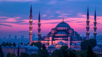 Obraz premium Historic beauty of the Blue Mosque in Istanbul, with its minarets and domes against a twilight sky