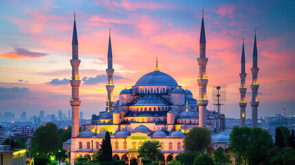 Obraz premium Historic beauty of the Blue Mosque in Istanbul, with its minarets and domes against a twilight sky