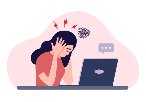 Burnout exhausted woman tired sitting at her workplace in office holding her head vector illustration. Concept of emotional burnout, stress, tiredness, mental health problems.