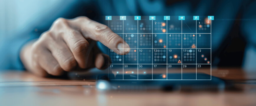 Man using smartphone with digital calendar to plan events, meetings, and schedule for work week, touching virtual timetable on transparent screen for reminder and appointment setup