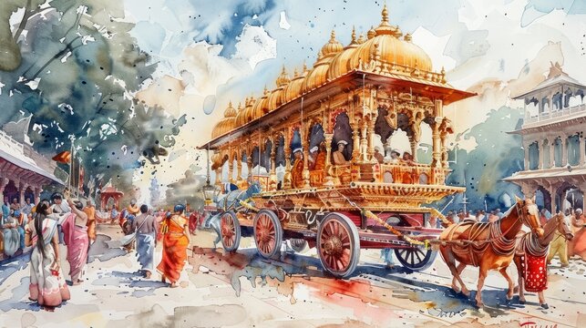 Watercolors of Latyatra are celebrated with colorful traditional chariots