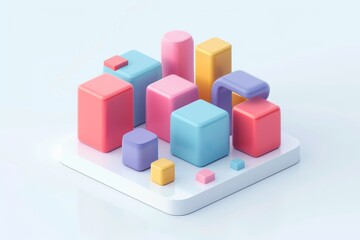 Abstract Futuristic 3D Render Minimalistic Style with Floating Geometric Shapes Isometric Design, Light Color Theme, Bright Background, and Soft Lighting