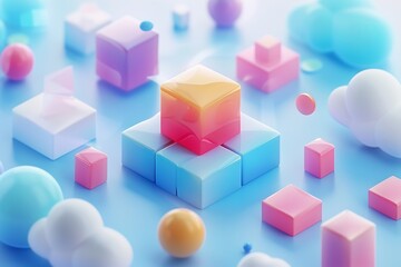 Obraz premium Abstract Futuristic 3D Render Minimalistic Style with Floating Geometric Shapes Isometric Design, Light Color Theme, Bright Background, and Soft Lighting
