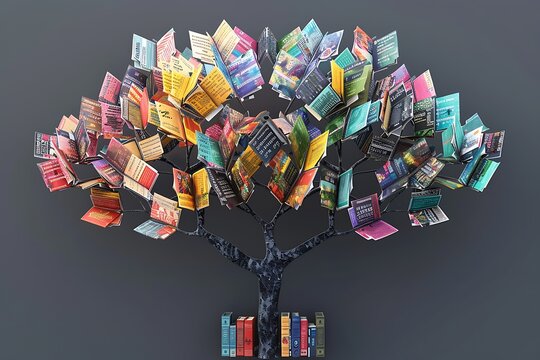 stunning 3D tree with vibrant book-leaves each book cover intricately designed set against solid slate grey background. The scene captures the essence of literacy and learning.