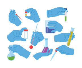 Doctors hands with different medical equipment and surgical tools set. Medicine collection of human arms in protective gloves operating, holding scalpel, lancet or syringe cartoon vector illustration