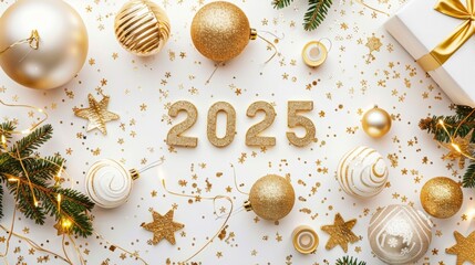 Fototapeta premium Happy New Year 2025 Christmas decorations on white background
