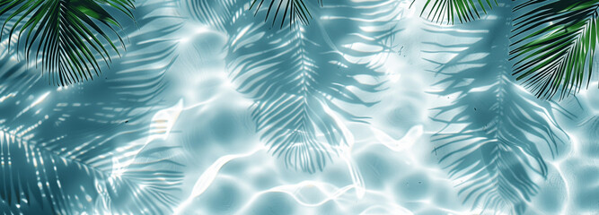 Palm Leaf Shadows on Water and White Sand: Abstract Summer Beach Background Banner for Vacation