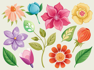 set of separate parts of flowers in watercolors
