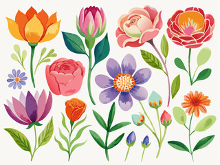 set of separate parts of flowers in watercolors