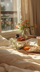 Breakfast Tray Phogography, Avocado Toast, Fresh Fruit, Flower Vase, Coffee, Tea