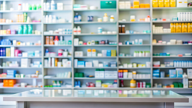 Empty marble table pharmacy blurred background Empty pharmacy counter with colorful medication shelves Pharmacy dispensing counter, stocked pharmacy shelves, medication dispensing area