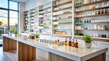 Empty marble table pharmacy blurred background Empty pharmacy counter with colorful medication shelves Pharmacy dispensing counter, stocked pharmacy shelves, medication dispensing area