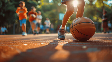 Basketball Game on Playground with Children Playing, Focus on Boy Holding Ball, Sunny Park Setting, Kids and Parents in Background, Physical Education and Fitness
