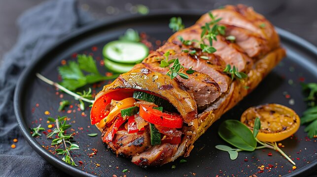 Roll filled with peppers bacon and sweet potatoes then roasted, the chef prepares a grilled pork tenderloin in a roll. Stuffed pork tenderloin with peppers and baked sweet potatoes. Close up