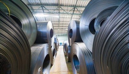 거대한 철강 코일이 쌓인 창고 건설 건축