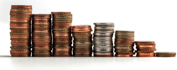 A row of stacked coins decreasing in height, representing financial decline or savings reduction on a white background.