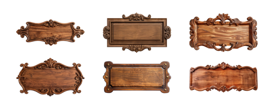 Collection of carved wooden nameplate or signboard isolated on a transparent background, cut-out, PNG
