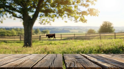 A weathered wooden table sits in the foreground, with a blurred background of a sunny, green meadow and a lone cow grazing in the distance