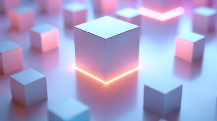 Obraz premium Abstract Futuristic 3D Render Minimalistic Style with Floating Geometric Shapes Isometric Design, Light Color Theme, Bright Background, and Soft Lighting