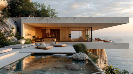 Fototapeta premium dream home, hotel architecture design, in sunset light, plants, ocean views