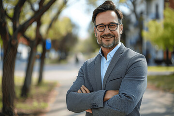 Confident Young Businessman in Casual Suit and Glasses Smiling with Arms Crossed Outdoors
