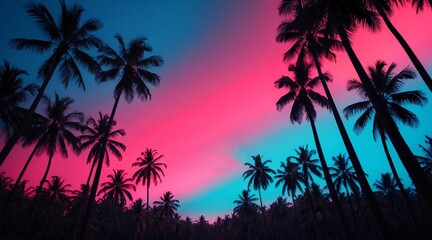 Tropical scene with several silhouetted coconut trees against a neon pink and blue retro sky.