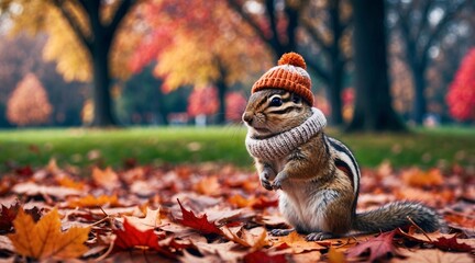 Chipmunk wearing autumn accessories standing on the ground of fallen leaves in the autumn park.