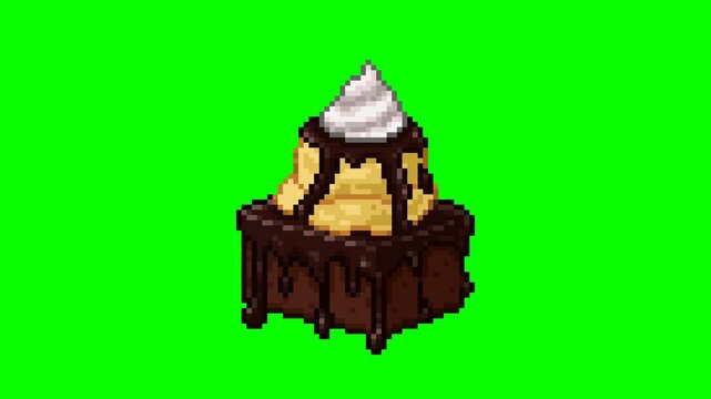 Chocolate brownie with ice cream and whipped cream, food animation pixel art