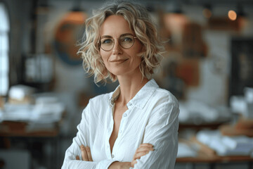 Middle Aged Business Woman with Curly Hair and Glasses Leaning on Desk in Modern Office Smiling at Camera