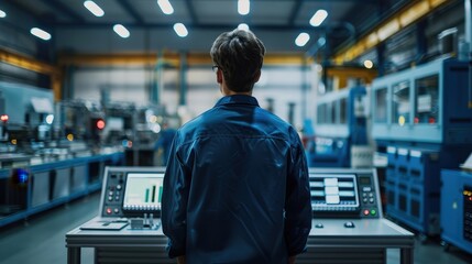 Fototapeta premium Engineer in Modern Factory Monitoring Automated Machinery and Industrial Equipment in High-Tech Manufacturing Facility