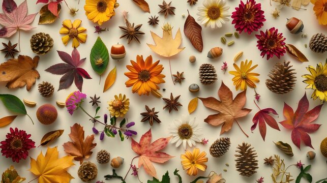 Autumn themed flat lay with flowers leaves acorn pine cone and star anise