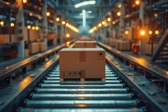 Cardboard boxes moving on a conveyor belt in a warehouse fulfillment center showcasing e-commerce delivery automation and products