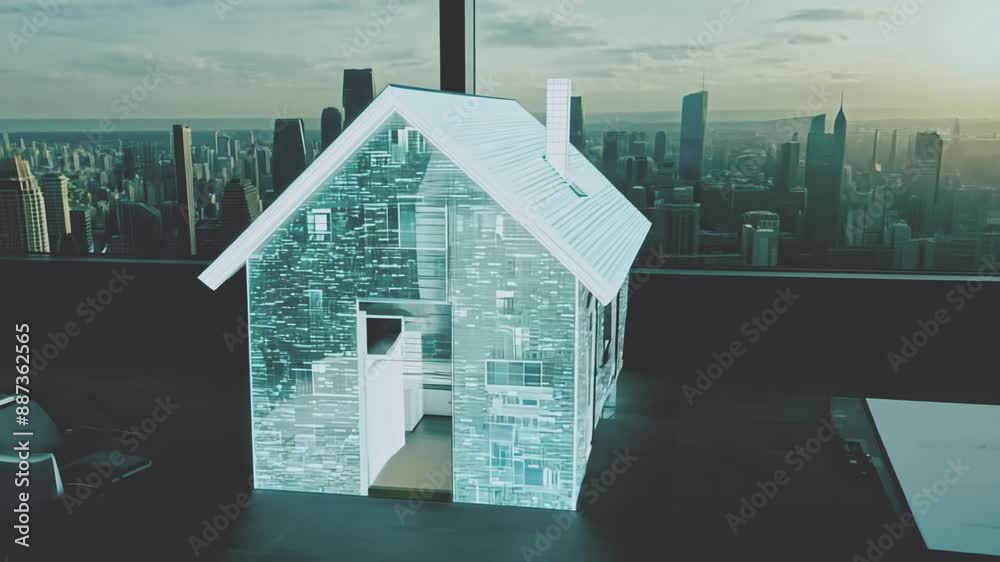 Fototapete A small, transparent house model sits on a desk in front of a large window overlooking a cityscape. The model is made of glass and appears to be made of data or code.