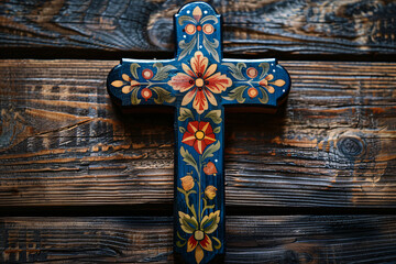 A wooden cross with Christian decorations, symbolizing faith and spirituality. It can be used for religious holidays, events, and decorations.