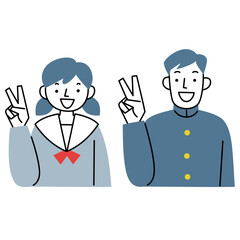 Vサインをする女子学生と男子学生の上半身セット