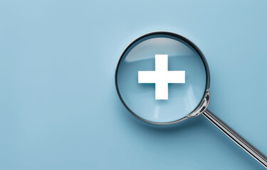 Fototapeta premium White Plus Sign Under Magnifying Glass on Blue Background for Healthcare Concept, 3D Render Illustration